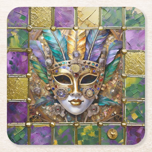 Mardi Gras Gold & Ceramic Colourful Feather Mask Square Paper Coaster (Front)