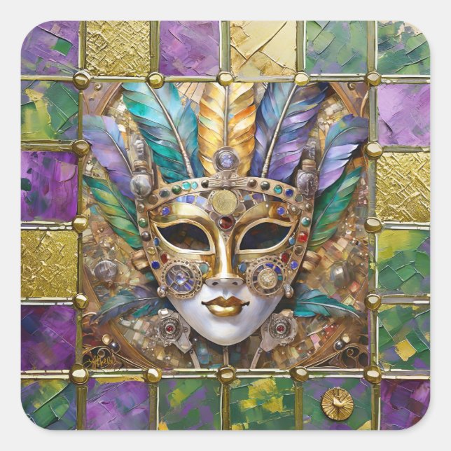 Mardi Gras Gold & Ceramic Colourful Feather Mask Square Sticker (Front)