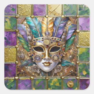 Mardi Gras Gold & Ceramic Colourful Feather Mask Square Sticker