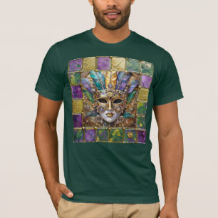 Mardi Gras Gold & Ceramic Colourful Feather Mask T-Shirt
