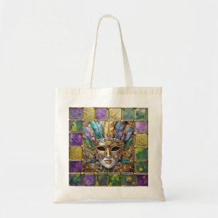 Mardi Gras Gold & Ceramic Colourful Feather Mask Tote Bag