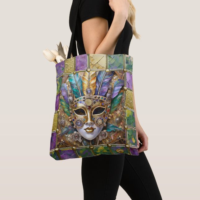 Mardi Gras Gold & Ceramic Colourful Feather Mask Tote Bag (Close Up)