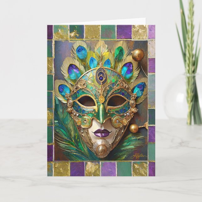 Mardi Gras Gold Ceramic Peacock Feather Mask Card (Front)