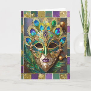 Mardi Gras Gold Ceramic Peacock Feather Mask Card