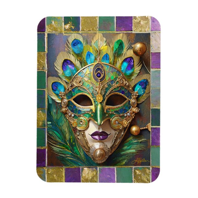 Mardi Gras Gold Ceramic Peacock Feather Mask Magnet (Vertical)