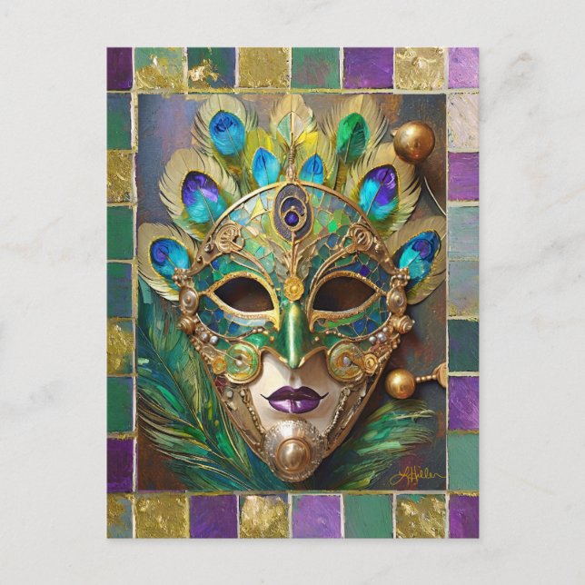Mardi Gras Gold Ceramic Peacock Feather Mask Postcard (Front)
