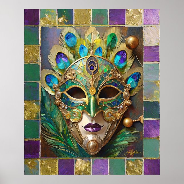 Mardi Gras Gold Ceramic Peacock Feather Mask Poster (Front)