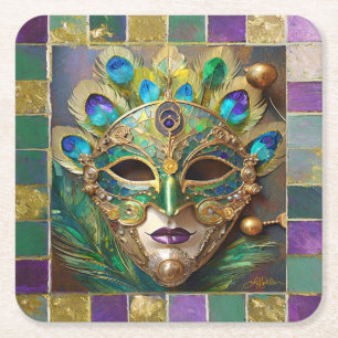 Mardi Gras Gold Ceramic Peacock Feather Mask Square Paper Coaster