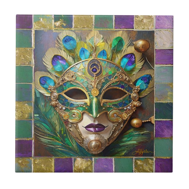 Mardi Gras Gold Ceramic Peacock Feather Mask Tile (Front)