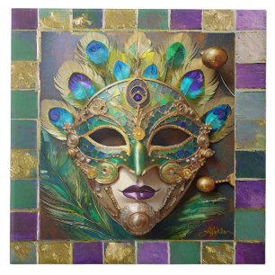 Mardi Gras Gold Ceramic Peacock Feather Mask Tile