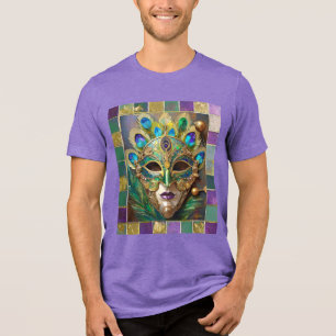 Mardi Gras Gold Ceramic Peacock Feather Mask Tri-Blend Shirt