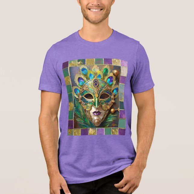 Mardi Gras Gold Ceramic Peacock Feather Mask Tri-Blend Shirt (Front)