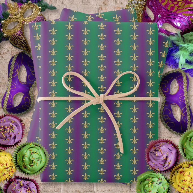 Mardi Gras Gold Fleur-De-Lis on Purple and Green Wrapping Paper Sheet (Mardi Gras Gold Fleur-De-Lis on Purple and Green Wrapping Paper Sheets by Leapfroglisics Shop)
