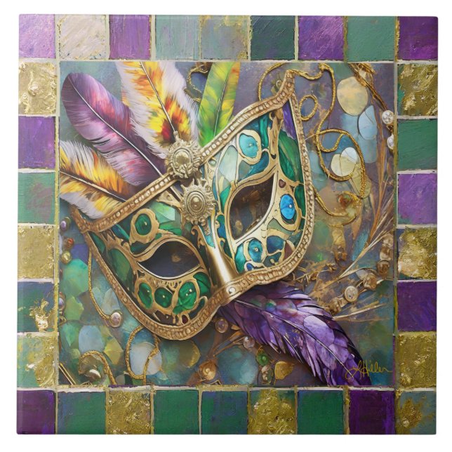 Mardi Gras Gold & Green Colourful Feathers Mask Tile (Front)