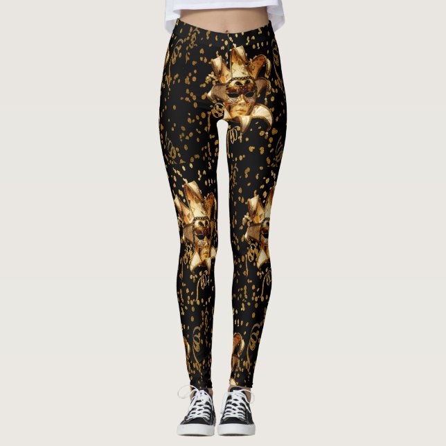 Mardi Gras Gold Mask And Confetti Leggings (Front)