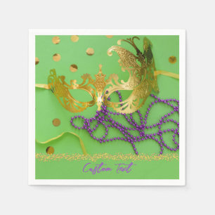Mardi Gras Gold Mask Purple Beads Personalised Napkin