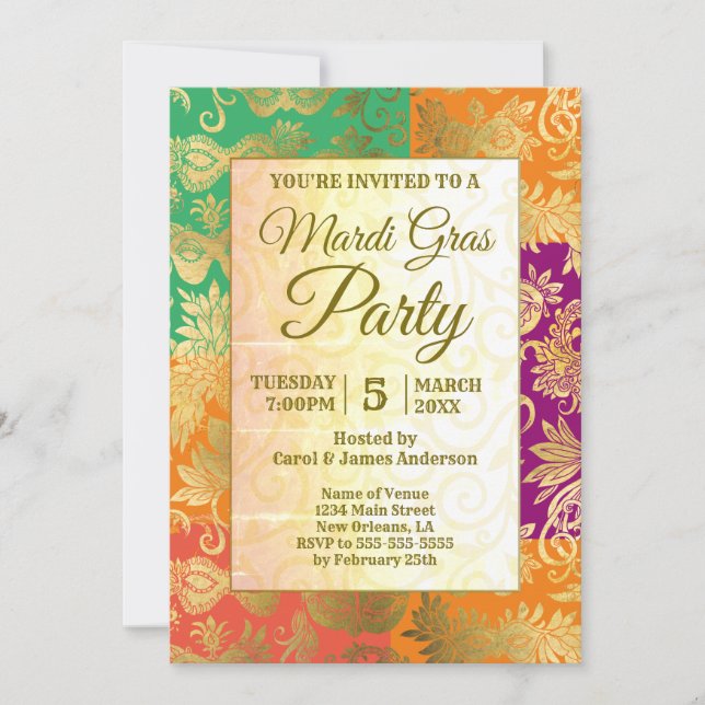 Mardi Gras Gold Masquerade Masks Purple Green Invitation (Front)