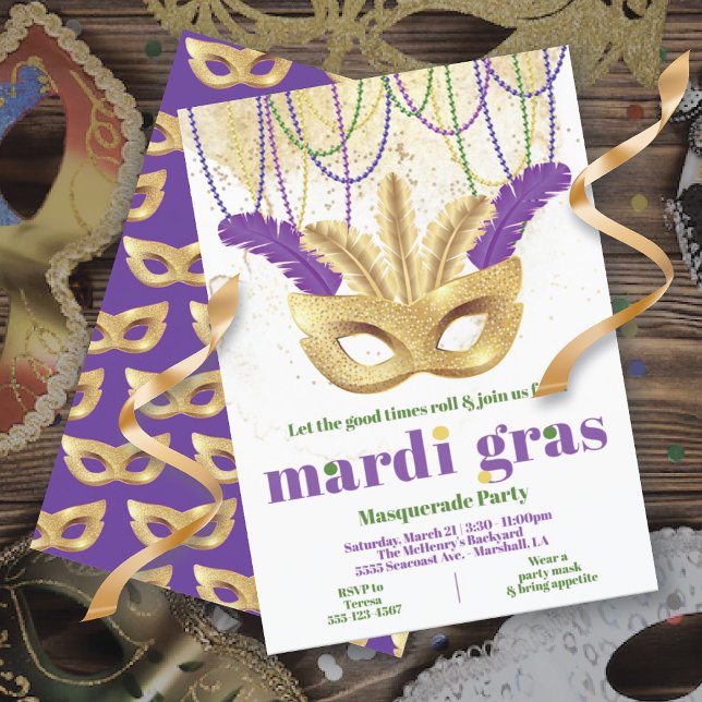 Mardi Gras Gold Masquerade Party Invitation (Creator Uploaded)