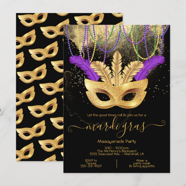 Mardi Gras Gold Masquerade Party Invitation (Front/Back)