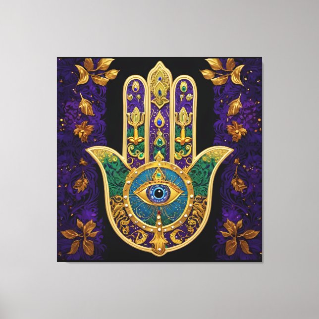 Mardi Gras Gold Purple Green Hamsas Art Canvas Print (Front)