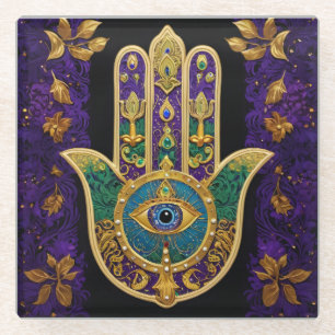 Mardi Gras Gold Purple Green Hamsas Art Glass Coaster