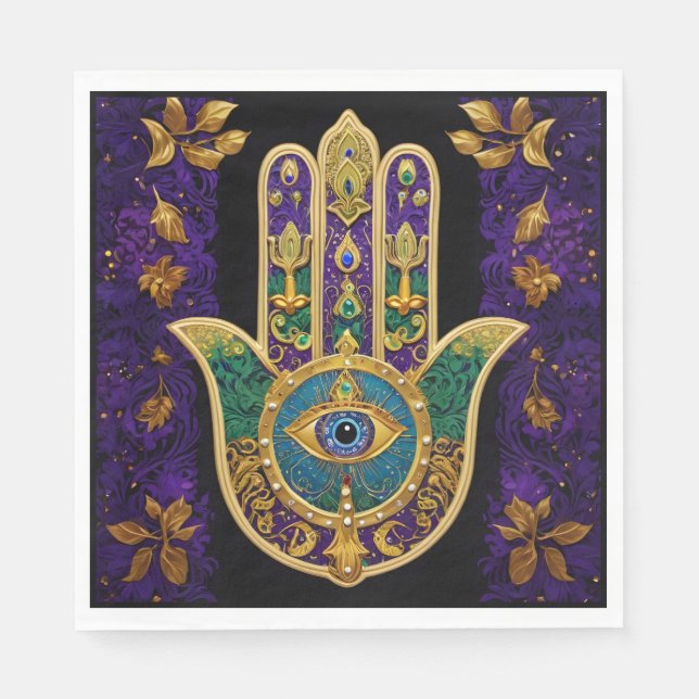 Mardi Gras Gold Purple Green Hamsas Art Napkin (Front)