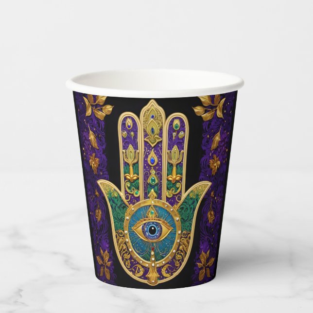 Mardi Gras Gold Purple Green Hamsas Art Paper Cups (Front)