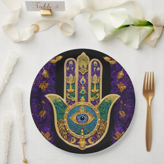 Mardi Gras Gold Purple Green Hamsas Art Paper Plate (Wedding)