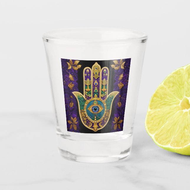Mardi Gras Gold Purple Green Hamsas Art Shot Glass (Front)