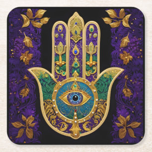Mardi Gras Gold Purple Green Hamsas Art Square Paper Coaster