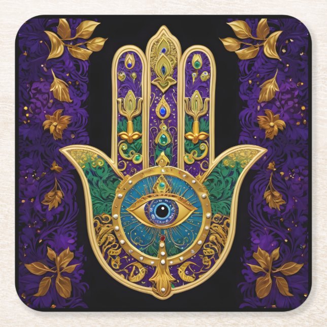 Mardi Gras Gold Purple Green Hamsas Art Square Paper Coaster (Front)
