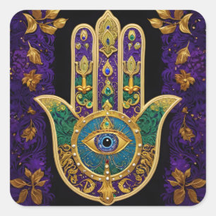 Mardi Gras Gold Purple Green Hamsas Art Square Sticker