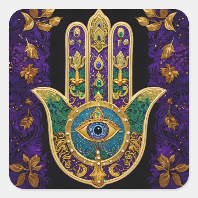 Mardi Gras Gold Purple Green Hamsas Art Square Sticker (Front)