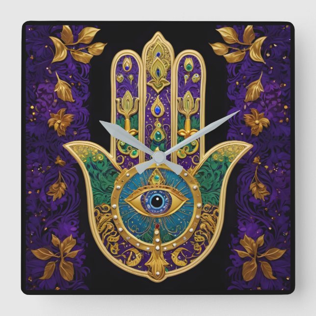 Mardi Gras Gold Purple Green Hamsas Art Square Wall Clock (Front)