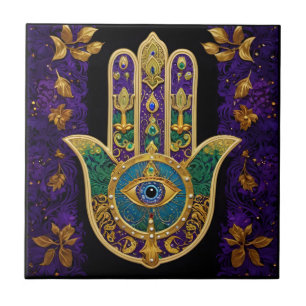 Mardi Gras Gold Purple Green Hamsas Art Tile