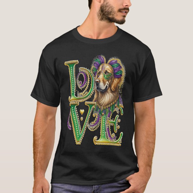 Mardi Gras Golden Retriever Word LOVE Masquerade T-Shirt (Front)