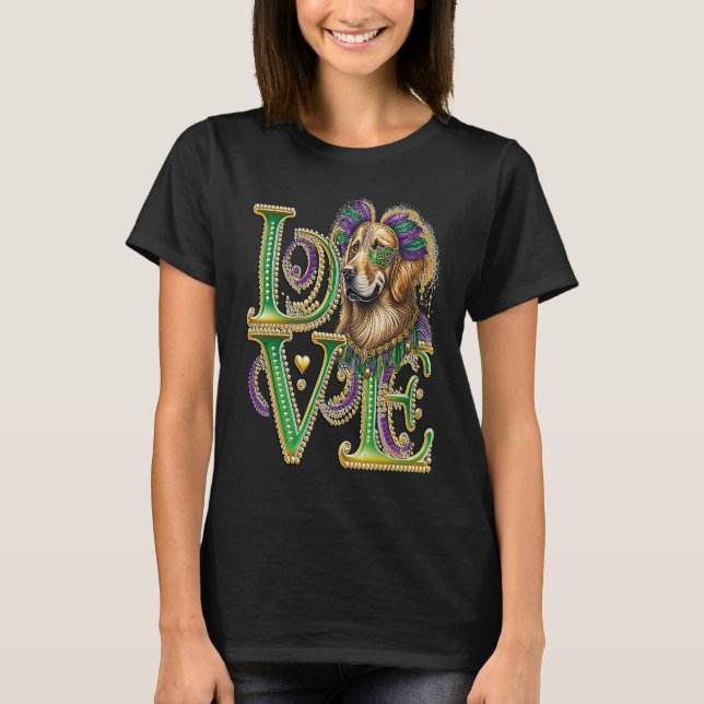 Mardi Gras Golden Retriever Word LOVE Masquerade T-Shirt (Front)