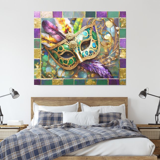 Mardi Gras Green and Gold Colourful Feathers Mask Canvas Print (Insitu(Bedroom))
