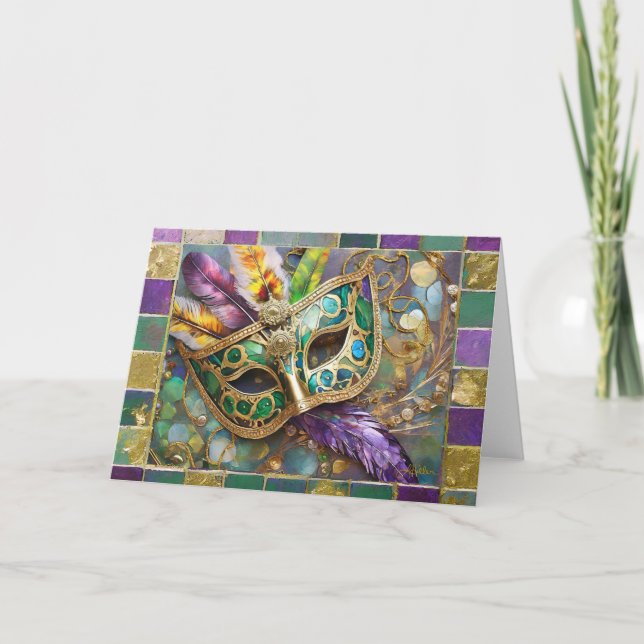 Mardi Gras Green and Gold Colourful Feathers Mask Card (Front)