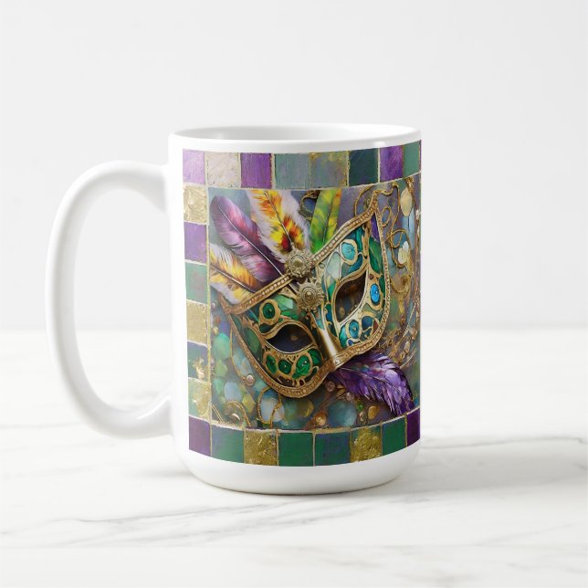 Mardi Gras Green and Gold Colourful Feathers Mask Coffee Mug (Left)