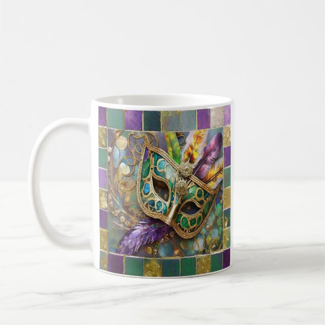 Mardi Gras Green and Gold Colourful Feathers Mask Coffee Mug (Left)