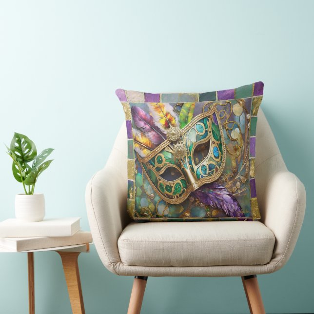 Mardi Gras Green and Gold Colourful Feathers Mask Cushion (Chair)