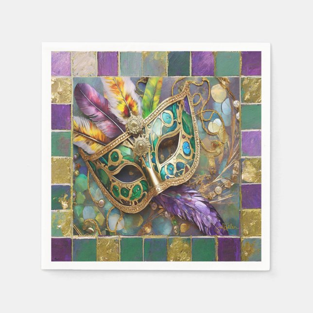 Mardi Gras Green and Gold Colourful Feathers Mask Napkin (Front)
