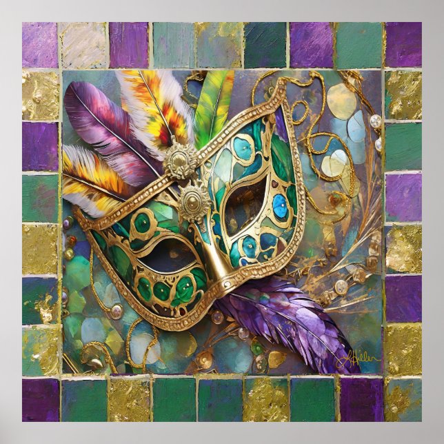 Mardi Gras Green and Gold Colourful Feathers Mask Poster (Front)