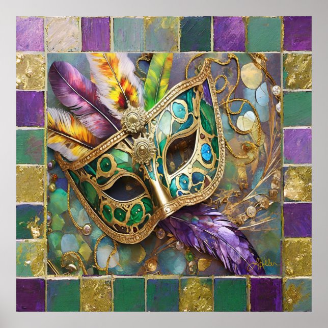 Mardi Gras Green and Gold Colourful Feathers Mask Poster (Front)
