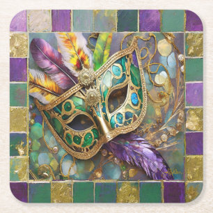 Mardi Gras Green and Gold Colourful Feathers Mask Square Paper Coaster