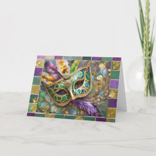 Mardi Gras Green and Gold Colourful Feathers Mask Thank You Card