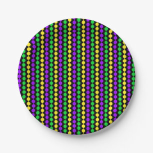 Mardi Gras Green, Yellow, Purple Beads on Black Paper Plate