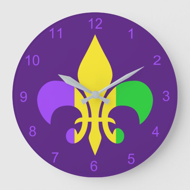 Mardi Gras Green Yellow Purple Fleur-de-Lis Large Clock (Front)