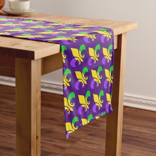 Mardi Gras Green Yellow Purple Fleur-de-Lis Long Table Runner (In Situ)